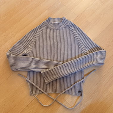 Grey ribbed knit wrap sweater