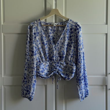 Blue floral long sleeve blouse, size S