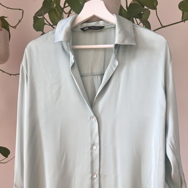 Zara Satin Button-Up Blouse – Light Sage Green
