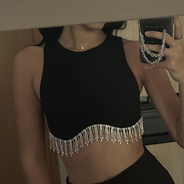 Top noir Zara à franges brillantes 