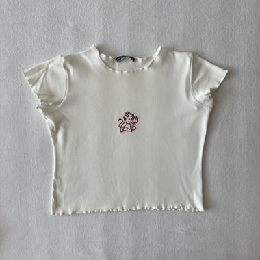 white crop top with ruffles& red embroidered devil