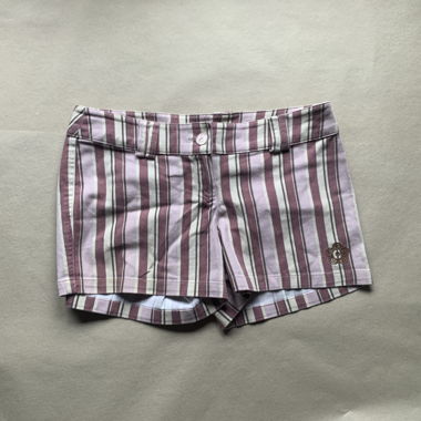 Pantaloncini vintage in cotone viola a righe, look anni 70