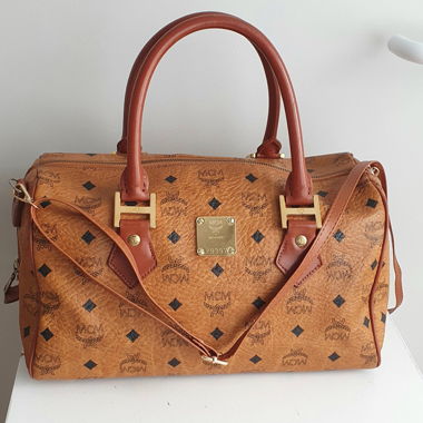 Sac Boston MCM avec anse Henkel 30 Cognac en toile