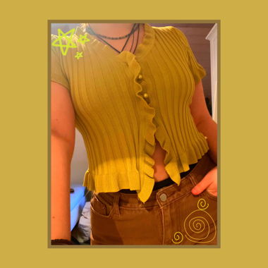 lime green ruffled knit blouse