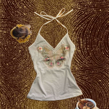 Weisses Neckholder-Top mit Schmetterling