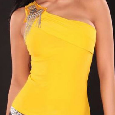 Top monospalla con borchie e catenine