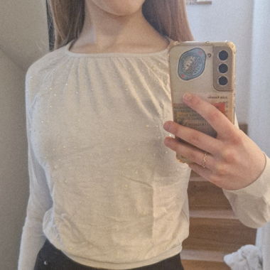 White long-sleeve T-shirt with rhinestones