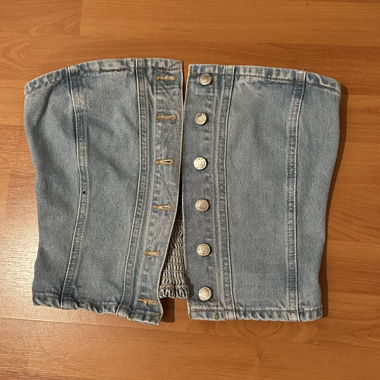 Smocked Denim Bustier with Buttons