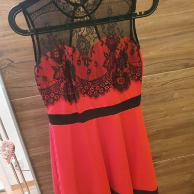 Short Red Dress with Black Lace Yoke