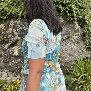 Turquoise floral print short sleeve blouse