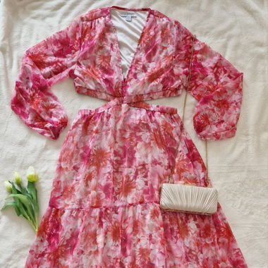 vestito lungo, rosa, fiori, ritagli laterali