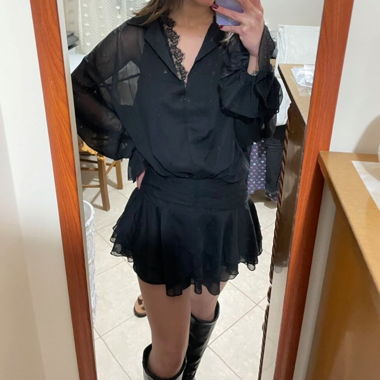 Chic Black Sheer Mini Dress with Lace Detail