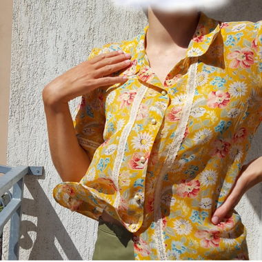 Silk flower printed vintage blouse