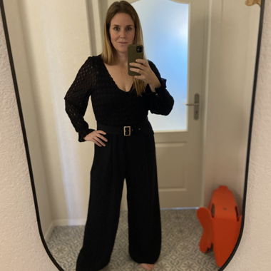 Black lace jumpsuit with flowing trousers