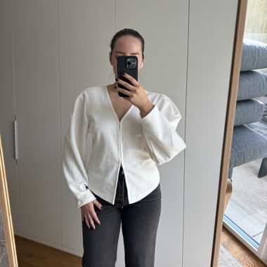 White Textured Blouse with V-Neck