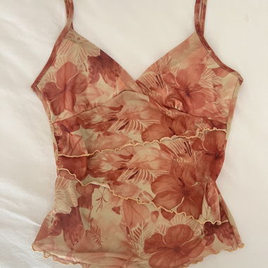 whimsical mesh ruffle floral orange tank top