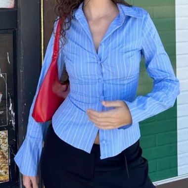 cute blue button up with fitted waist