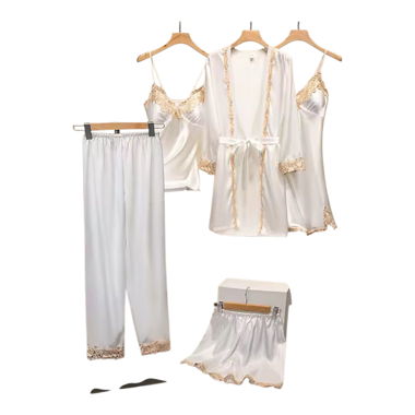 Set Pigiama 5 pezzi in raso con pizzo, taglia M