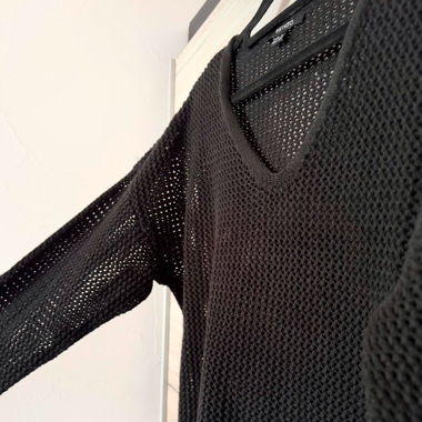 black see-through loose knit v-neck sweater 