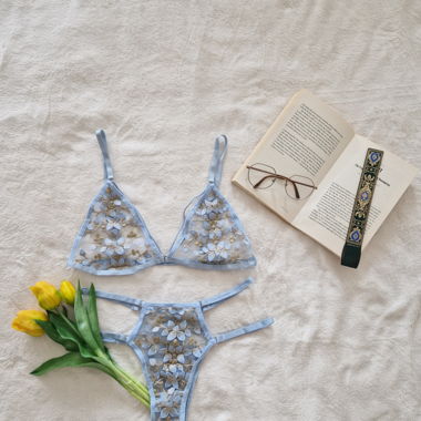 Dessous-Set, hellblau, gold, Spitze, Stickerei