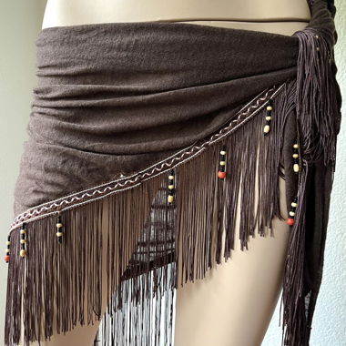 Brown Boho Fringe Wrap Skirt with Beaded Detail