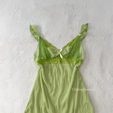 Pleated Green Chiffon Slip Dress (S)