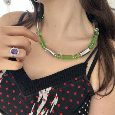 Collier perles vertes et argent