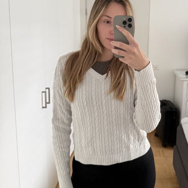 White Knit Sweater with V-Neck