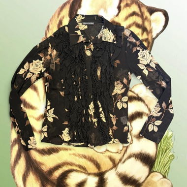 Black & cream floral transparent ruffle blouse
