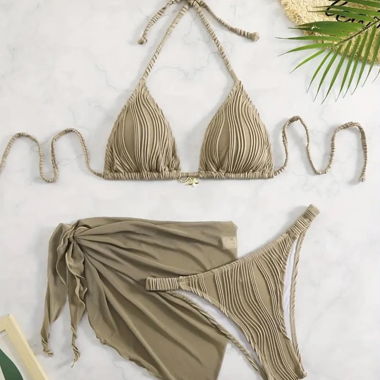 Bikini Set with Wrap Skirt L 40 Khaki
