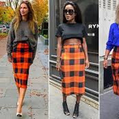 Orange Check Pencil skirt 