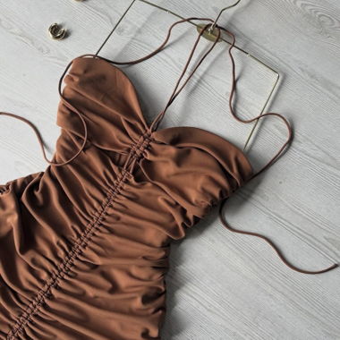 Brown Strappy Dress with Ruching