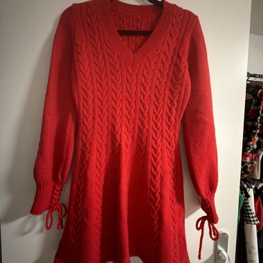 Red Knit Dress with V-Neck