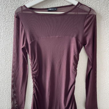 Burgundy mesh long-sleeve asymmetrical dress