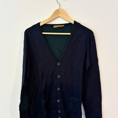 Blue cardigan with elbow patches