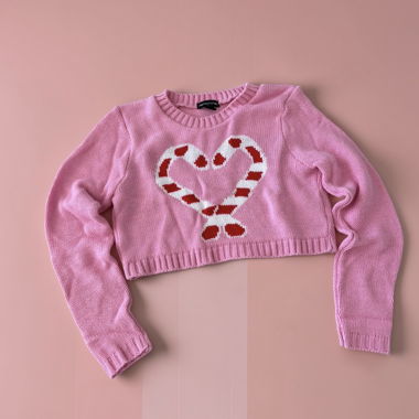 Maglione rosa corto con motivo bastoncini di zucchero
