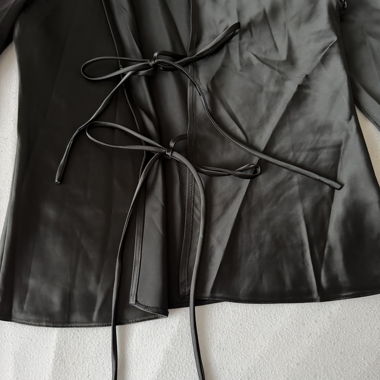 Black Satin Blouse with Tie Belt