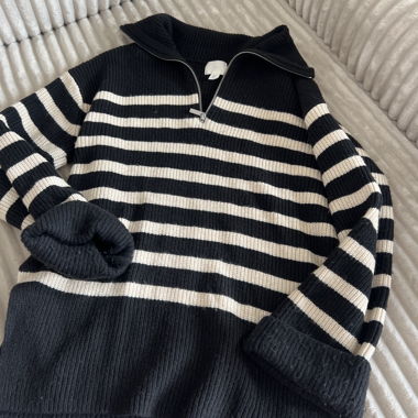 Striped Zip-Up Sweater in Black and White