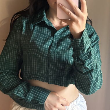 Green Checked Cropped Blouse