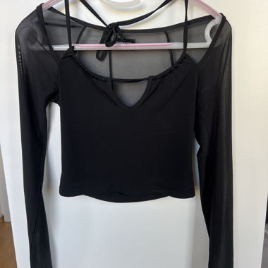 Top a maniche lunghe in mesh nero, taglia S