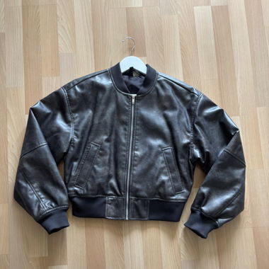 Black Leather-Look Bomber Jacket