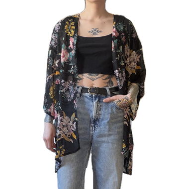 Black (semi transparent) floral kimono cardigan