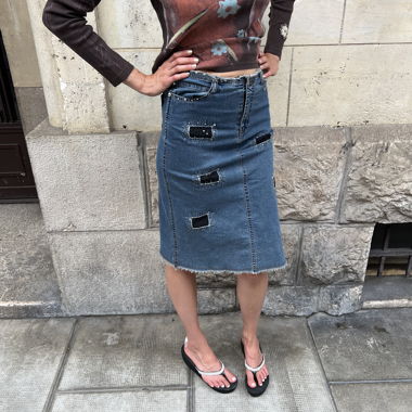 Unique denim midi skirt with distressed details