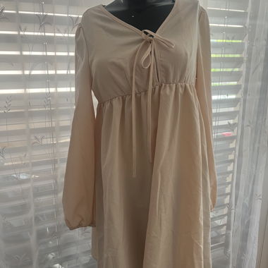 Beige Long-Sleeve Dress with Tie