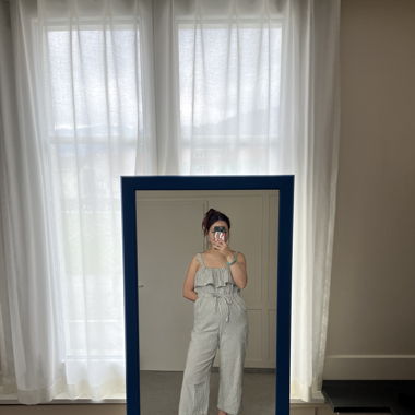 grey/beige striped jumpsuit