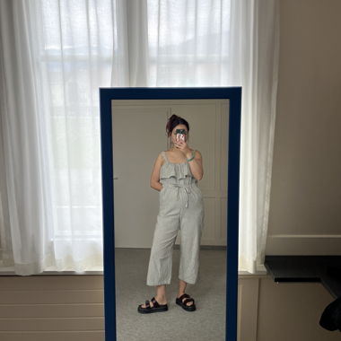 grey/beige striped jumpsuit