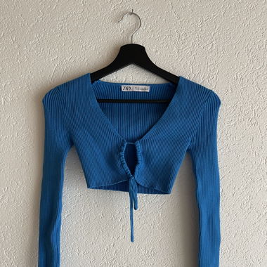 Blue Ribbed Cropped Tie Front Top