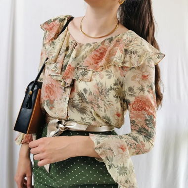 Blusa vintage in seta con volant floreali Laura Ashley