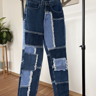 Ragged patchwork blue jeans