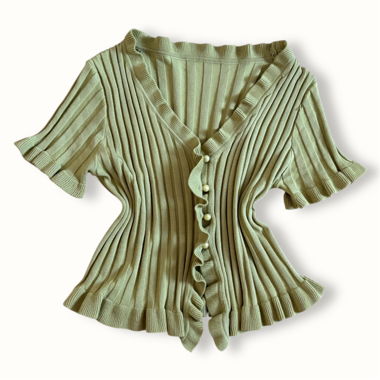 Top verde in cardigan a coste con maniche corte